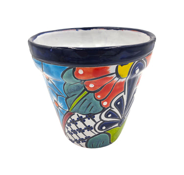 Mexican Talavera Hand Painted Planter Pot (Maceta Ranchera #20) - Traditional Ceramic Garden & Home Décor - Dark Blue Trim